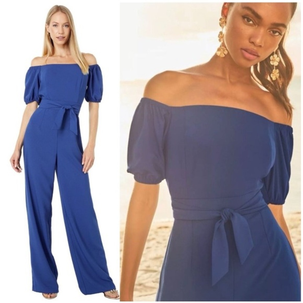 Lilly Pulitzer Off Shoulder Jumpsuit Belted Wide Leg Blue‎ Size 4